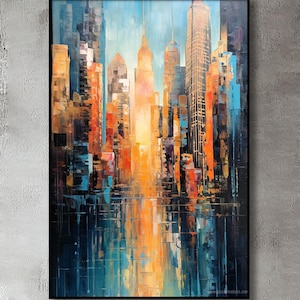 Hand-Painted Abstract Cityscape Oil Painting on Canvas