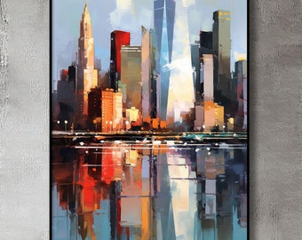 Hand-Painted New York Cityscape Oil Painting: Abstract Canvas Wall Art