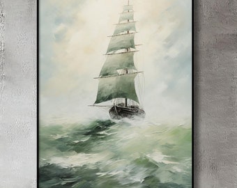 Sailing Boat Oil Painting: Abstract Textured Seascape Art
