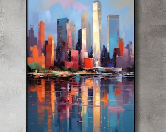 Hand-Painted New York Cityscape Oil Painting: Abstract Canvas Wall Art