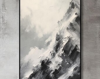 手描きの抽象的な山の油絵：白黒のテクスチャキャンバス - Etsy 日本