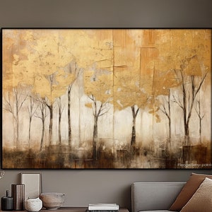 Golden Trees Abstract Oil Painting: Textured Wall Art