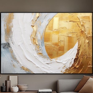 Textured White and Gold Abstract Oil Painting on Canvas
