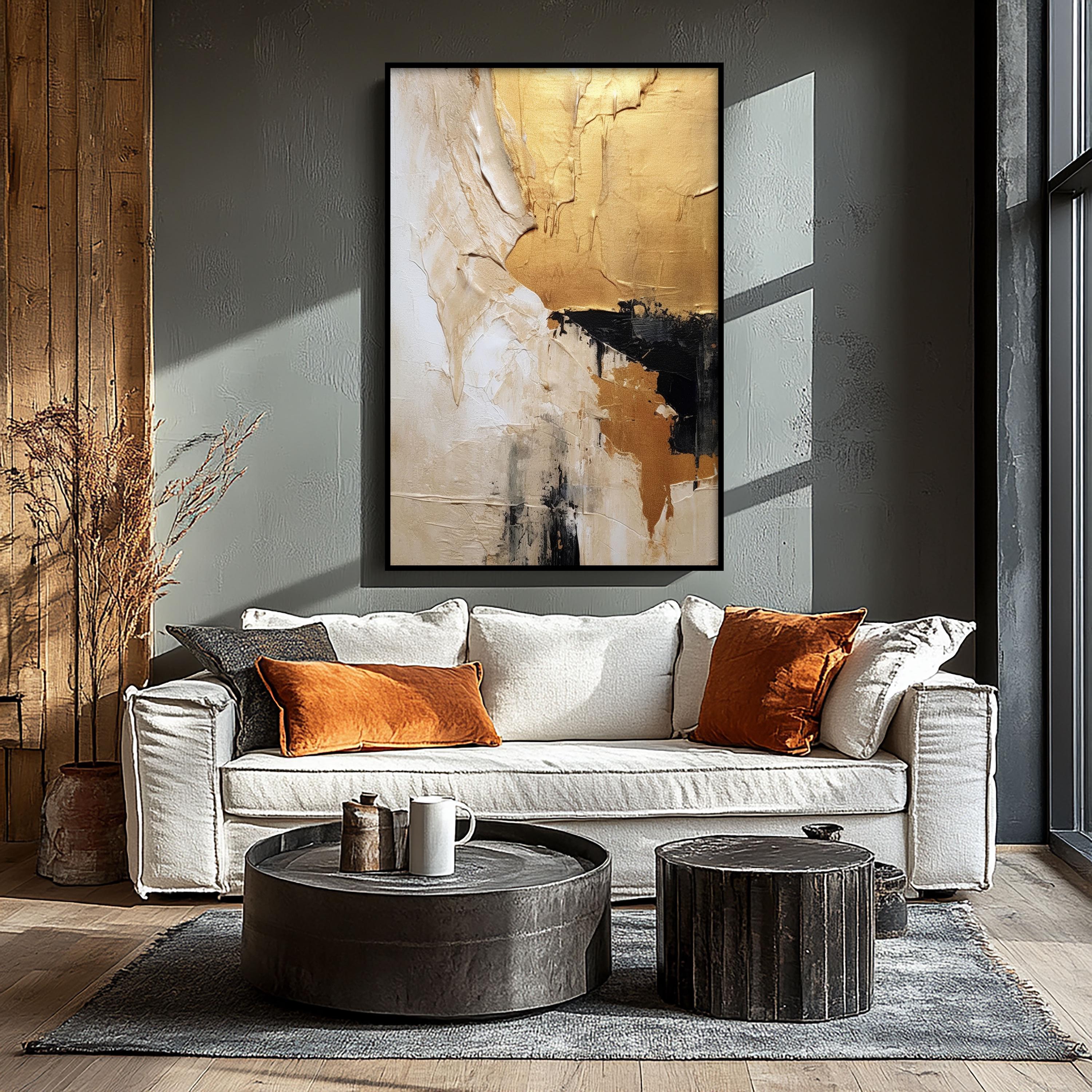 ゴールドの抽象油絵：テクスチャのあるベージュの壁アート - Etsy 日本