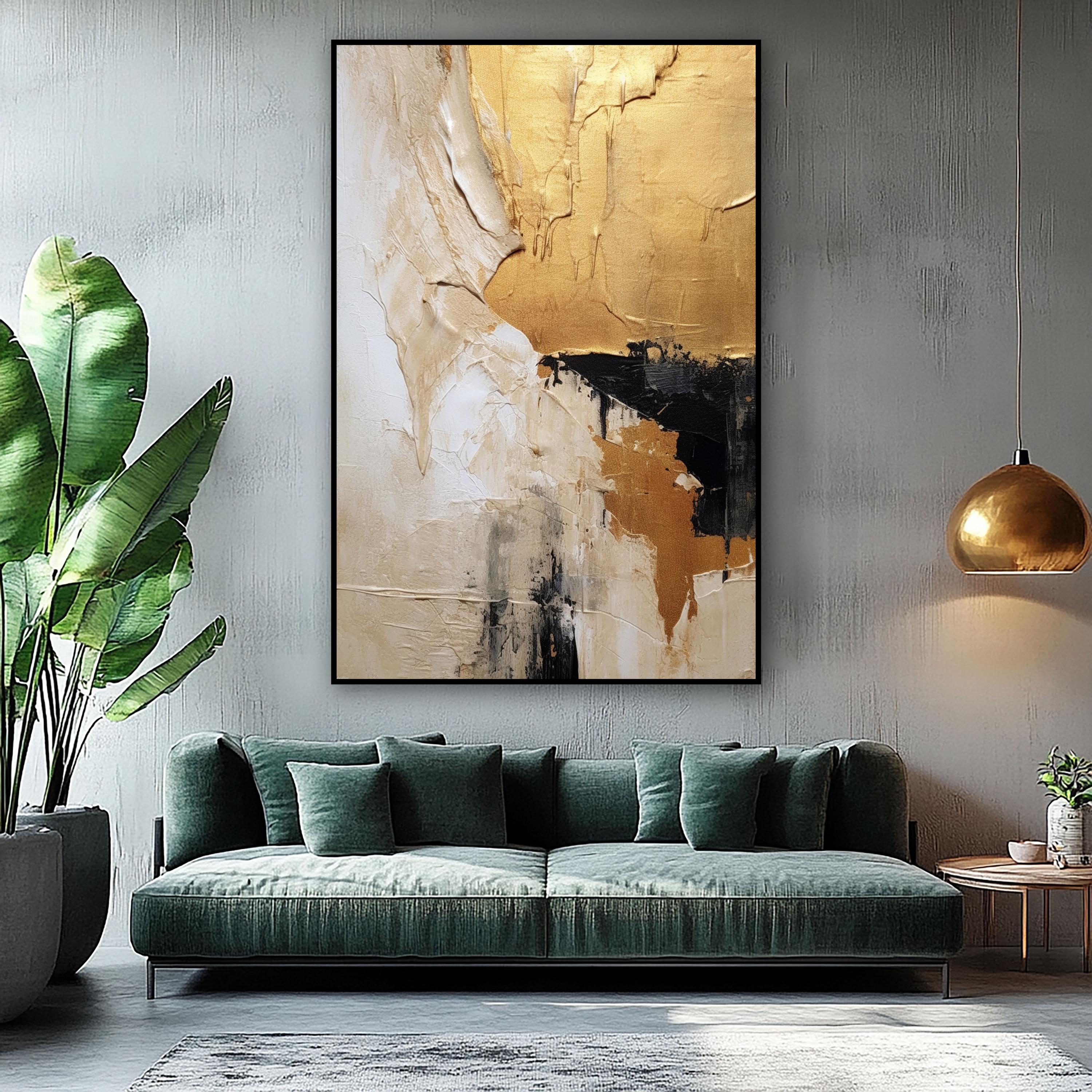 ゴールドの抽象油絵：テクスチャのあるベージュの壁アート - Etsy 日本