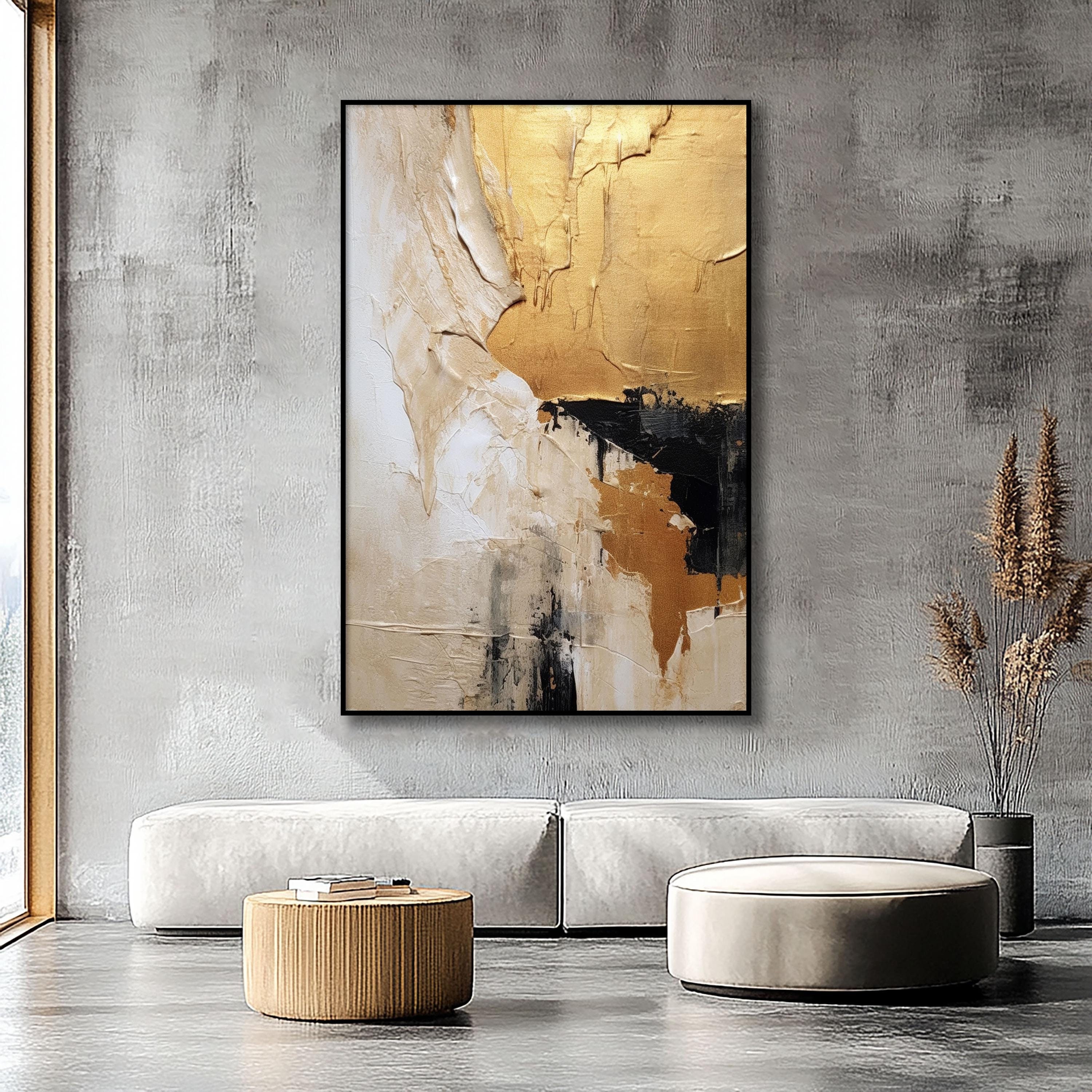 ゴールドの抽象油絵：テクスチャのあるベージュの壁アート - Etsy 日本