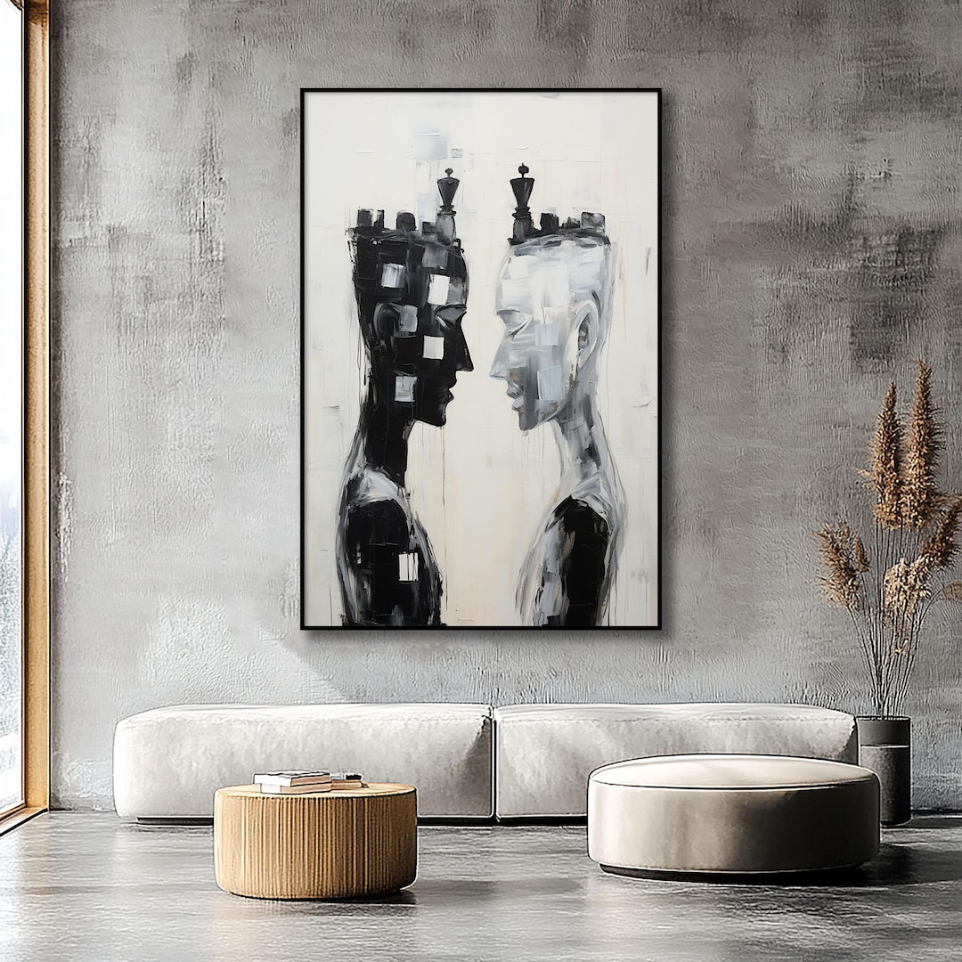 Abstract Chess Oil Painting: Black and White Textured Canvas Art - Etsy