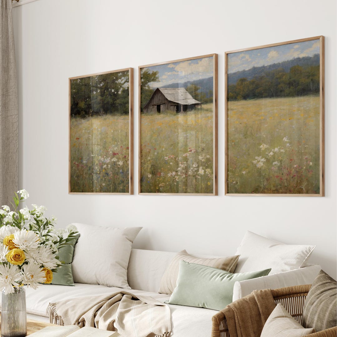 Rustic Barn Triptych Wall Art | 3 Panel Wildflower Landscape Print Set ...