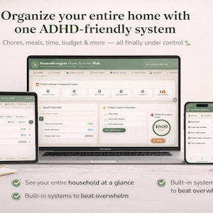 ADHD-hemhanteringsnav | Neurodivergent livsplanerare, digital spårare för exekutiva funktioner, ADHD-städschema och måltidsplan, html-app