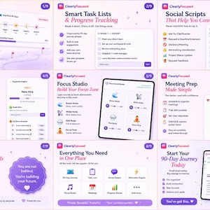 May include: A nine-panel digital presentation titled ClearlyFocused showcasing a 90-day onboarding roadmap, smart task lists, social scripts, a motivation engine, focus studio, meeting prep, and neurodivergent-friendly organizational tools.