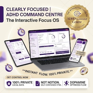 May include: A digital product advertisement featuring a laptop, tablet, and smartphone displaying an interface with the text "Clearly Focused | ADHD Command Centre". The devices show a user interface with task management features. The image includes the text "Instant Flow. 100% Private."