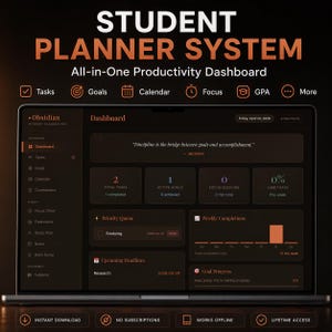May include: A dark-themed student planner system interface displayed on a laptop screen. The dashboard shows tasks, goals, and calendar features. Text includes "Student Planner System" and "All-in-One Productivity Dashboard."