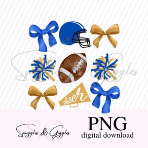 Cheer Football Coquette Bows PNG Pom poms football sublimation digital design gold royal blue football coquette watercolor png printable