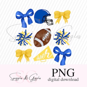 Cheer Football Coquette Bows PNG Pom poms football sublimation digital design royal blue yellow football coquette watercolor png printable