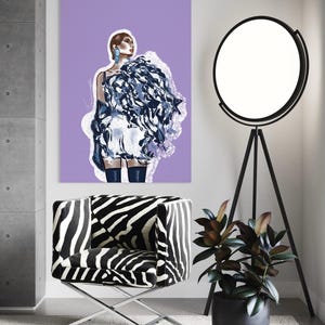 May include: An interior design scene featuring a fashion illustration on a purple background, a zebra-print armchair with a chrome base, a black floor lamp, and a potted plant with dark green and burgundy leaves.