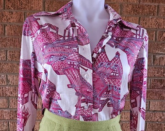 70s Kmart Asian Print Button Down with Butterfly Collar Size Small