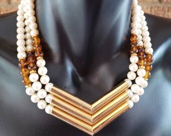 80s Gold Chevron Pearl /  Beaded Necklace