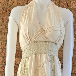 70s Cream Halter Maxi Dress with Lace Panels Size Medium