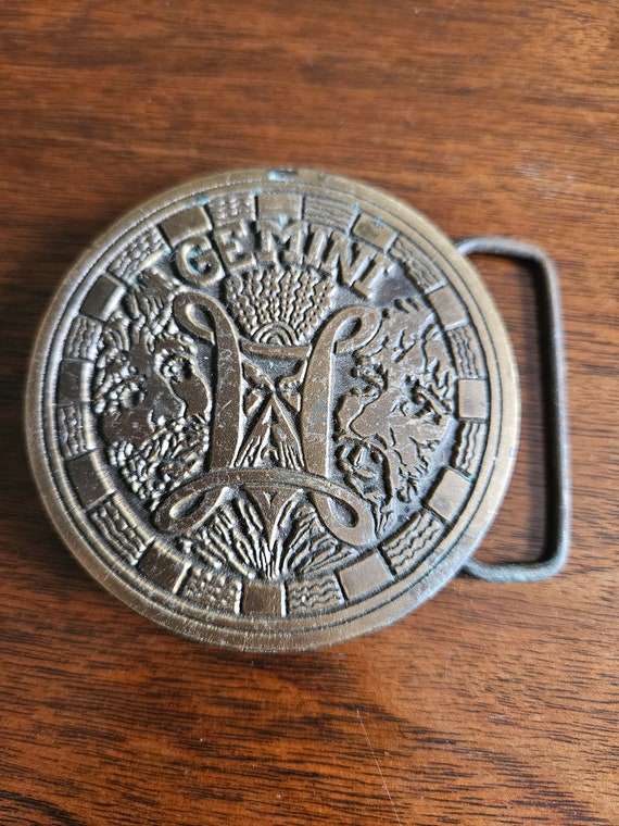 70s Spec Cast Brass Gemini Astrology Horoscope Belt B… Gem