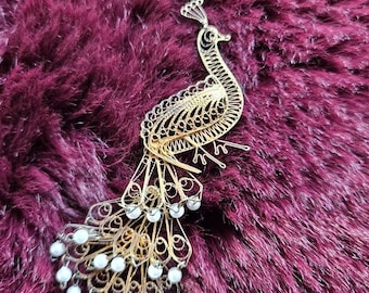40s Lattice Gold Peacock with Moving Pearls Brooch Pin