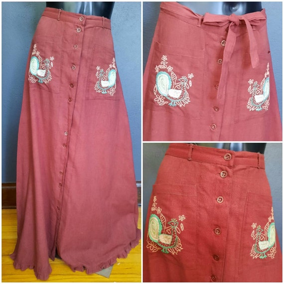 60s Brown Cotton Maxi Skirt with Embroidery