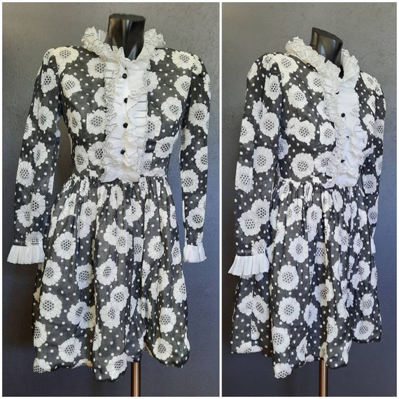 60's Black and White Monochromatic Floral Dress Si