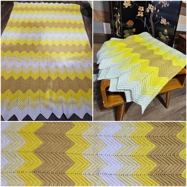 70s Chevron Yellow and White Chevron Striped Crocheted Queen Size Afghan