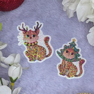 Holographic Funny Cat Christmas Sticker, Christmas Cat Sticker, Cat Laptop Decal, Cute Cat Decal for Gift, Cat Sticker Gift for Cat Lovers