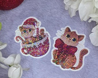 Holographic Cat Christmas Sticker, Coquette Christmas Cat Sticker, Cat Laptop Decal, Cute Cat Coquette, Holo Cat Sticker Gift for Cat Lovers