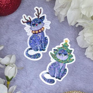 Holographic Funny Cat Christmas Sticker, Christmas Cat Sticker, Cat Laptop Decal, Grumpy Cat Decal for Gift, Cat Sticker Gift for Cat Lovers