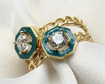 Anillo de cadena de eslabones de oro de 14 k con diamantes sintéticos de moissanita geométricos apilables.