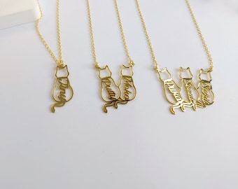 14k Gold Personalized Cat Name Necklace, Pet Memorial Jewelry
