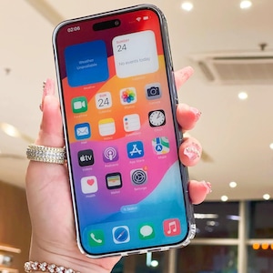 K&ouml;nnte beinhalten: Eine transparente Handyh&uuml;lle umschlie&szlig;t ein Smartphone, das einen farbenfrohen Startbildschirm mit App-Symbolen anzeigt. Der Bildschirm zeigt das Datum Sonntag, den 24. und die Uhrzeit 02:06 Uhr an. Das Telefon wird in einer Hand mit Ring und Armband gehalten.