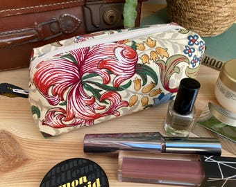 William Morris Make Up Bag - Handmade from upcycled vintage Red Golden Lily Fabric