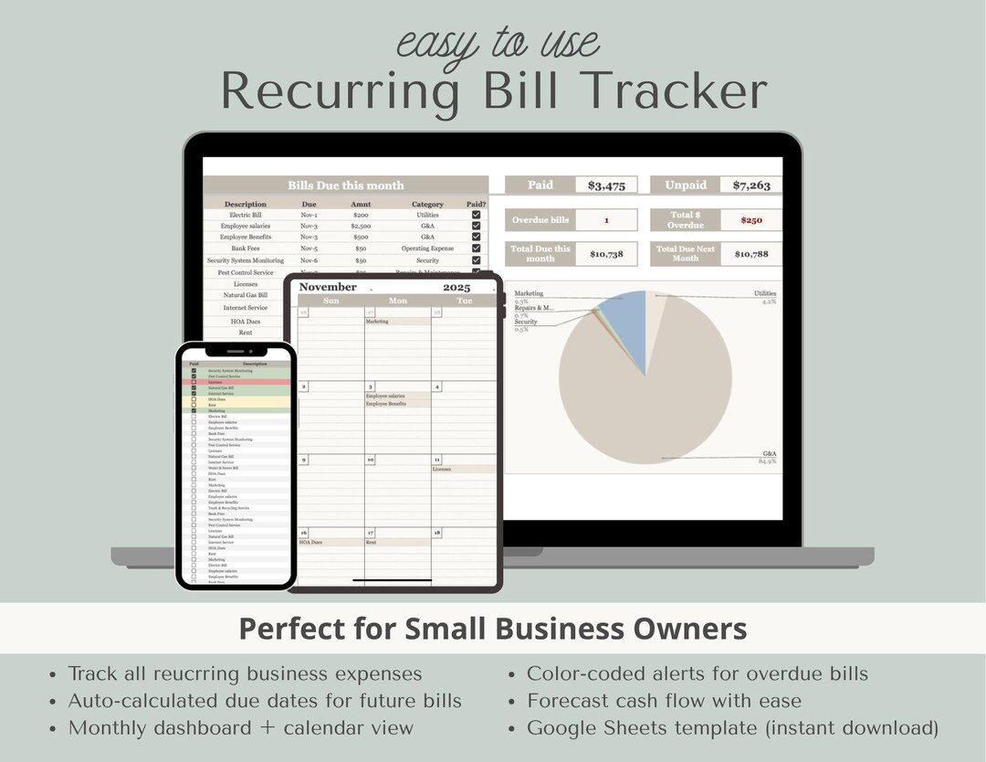 Recurring Expense Matrix Recurring Bill Tracking Spreadsheet | Expense Tracker | Small Business ...