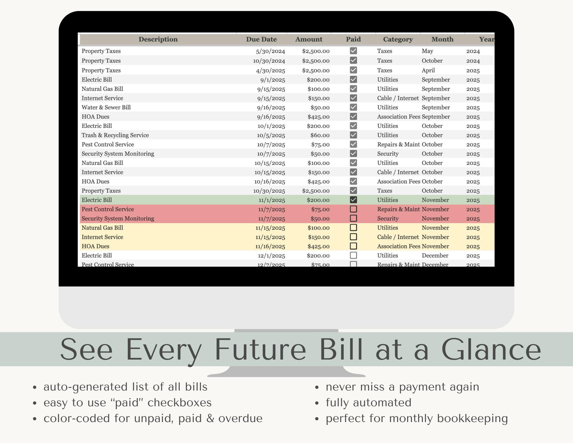 Recurring Bill Tracking Spreadsheet | Expense Tracker | Small Business ...