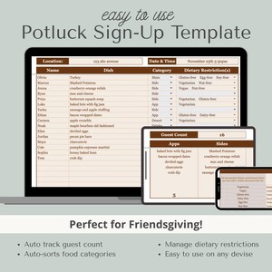 Puede incluir: Una plantilla digital para apuntarse a una comida compartida, mostrada en un portátil, una tableta y un smartphone. La plantilla incluye campos para nombres, platos y restricciones dietéticas. El texto "easy to use" y "Potluck Sign-Up Template" está en la parte superior.