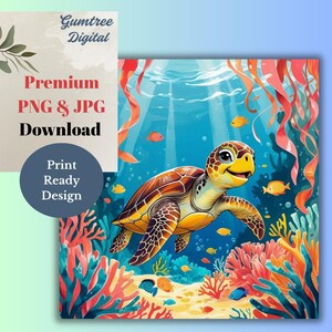 May include: A digital illustration of a sea turtle swimming in a vibrant coral reef. The turtle has a brown and yellow shell, with a smiling face. The background features colorful coral, fish, and the text "Premium PNG & JPG Download".