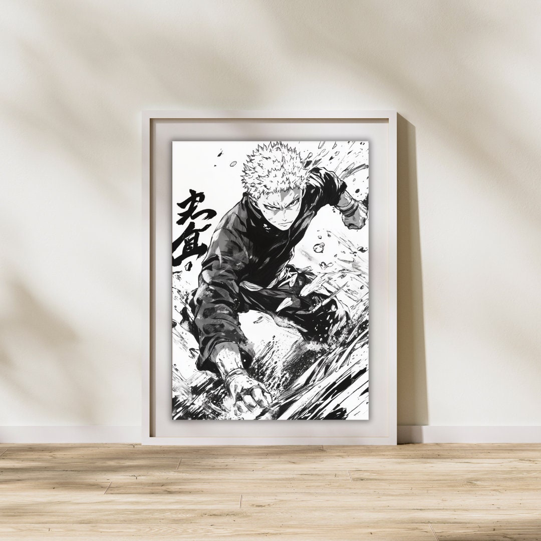 Original Dynamic Anime Art Poster – Black and White Manga Style Action