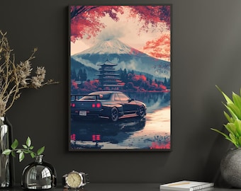 Póster de viaje retro de Tokio, Japón, de GTR: coche deportivo moderno con el monte Fuji; impresión artística automotriz japonesa