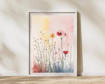 Impresión artística de flores silvestres en acuarela hecha a mano, decoración floral vibrante para pared, póster botánico estilo cottagecore, ilustración de naturaleza en tonos pastel suaves, jardín