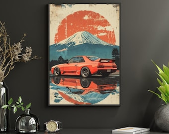 Póster de viaje retro de Tokio, Japón: coche deportivo moderno con el monte Fuji; impresión artística automotriz japonesa; decoración de pared moderna con puesta de sol panorámica