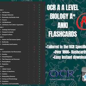 Op de afbeelding: Een groene achtergrond met witte tekst die "OCR A A LEVEL BIOLOGY A* ANKI FLASHCARDS" luidt. Een rode cirkel met een witte "A+" erin bevindt zich in de rechterbovenhoek. De tekst "Tailored to the OCR Specification - Over 1800+ flashcards - Easy instant download" staat in wit op de groene achtergrond. De tekst "OCR Oxford Cambridge and RSA" staat in wit op een blauwe rechthoek. Een blauwe ster bevindt zich op een grijze cirkel.