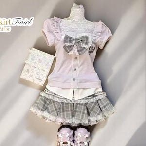 Gothic Y2K Outfit Set | Knitted Bow Cardigan | Ruffle Plaid Mini Skirt | Preppy Lolita Look | Retro Style Coordinates for Women&#39;s