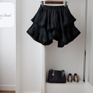 Boho Linen Ruffle Skirt | Tiered Asymmetrical Mini Bottom | Elastic Waist Summer Apparel | Comfortable Breathable Outfit