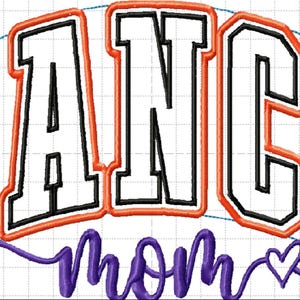 May include: Orange and black embroidered design with the word "DANCE" in large, bold letters and the word "mom" in a smaller, cursive font below. A small heart is included next to the word "mom".
