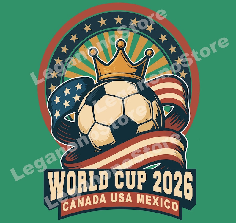 May include: A soccer ball wearing a gold crown, with a banner featuring the American flag and the text "WORLD CUP 2026 CANADA USA MEXICO" on a green background. The design is circular with stars.