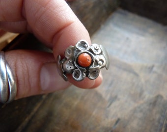 Antique coin silver ring with coral