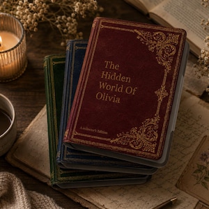 May include: A stack of three rectangular e-reader cases with textured covers in maroon, navy blue, and dark green. The top maroon case features gold filigree corner accents and the text The Hidden World Of Olivia and A collector's Edition.