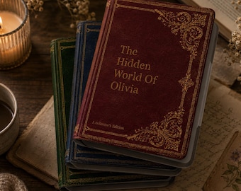 May include: A stack of three rectangular e-reader cases with textured covers in maroon, navy blue, and dark green. The top maroon case features gold filigree corner accents and the text The Hidden World Of Olivia and A collector's Edition.